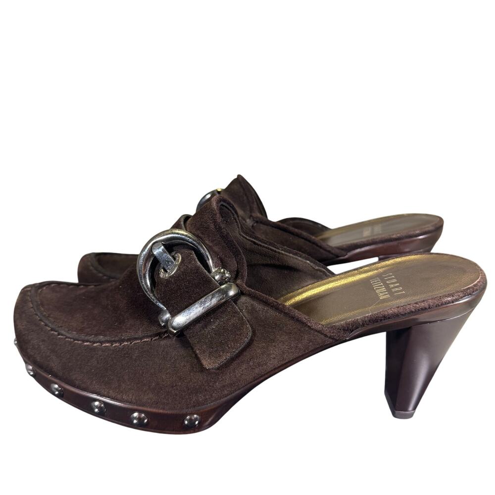 Stuart Weitzman Brown Suede Studded Mule Heels W/ Buckle Women's Size 6.5M US